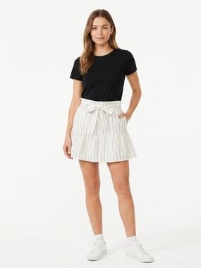 Promesa Cream Striped Paperbag Waist Mini Skirt